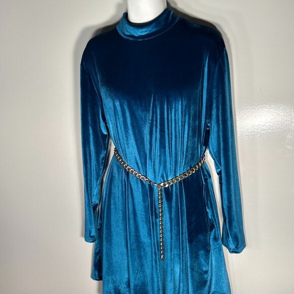 L&B SZ 2X Teal Blue Velour Dress Timeless Chic Minimalist Dressy Modern - Picture 4 of 9